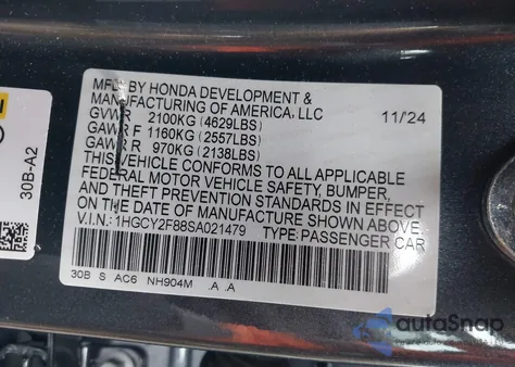 2025 Honda Accord Hybrid Touring from USA, damaged, VIN 1HGCY2F88SA021479